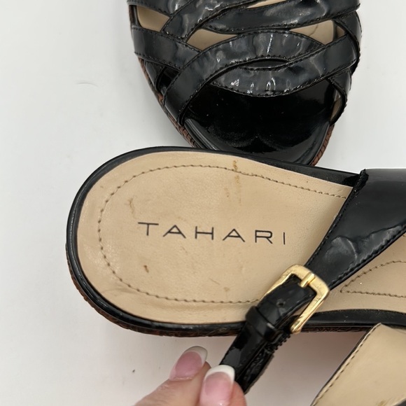 TAHARI Steffi Open-Toe Cut-Out Slingback Heels Platform Black Patent Leather - Picture 9 of 16